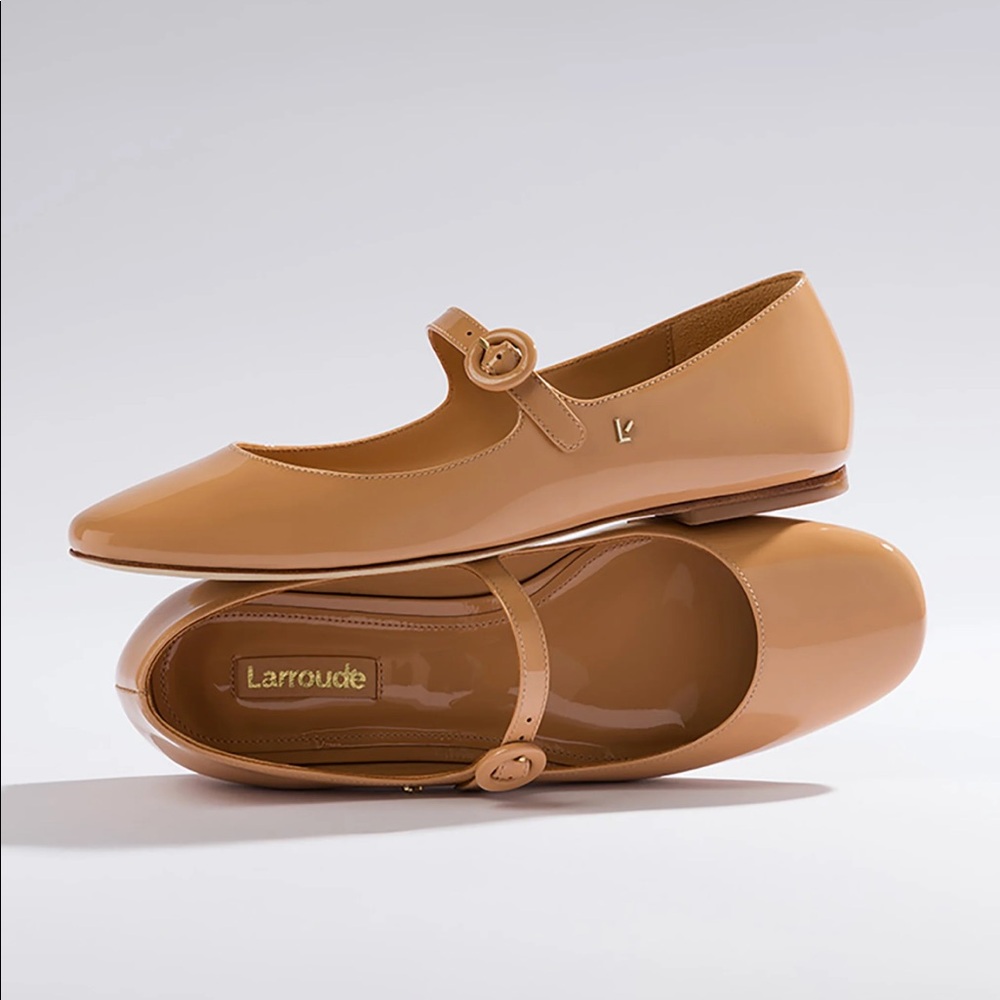 Larroude Patent Tan Mary Jane Flats